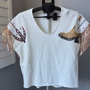 blue b- Collection Sequin Cowboy Boot Fringe Tee White V-Neck oversized small